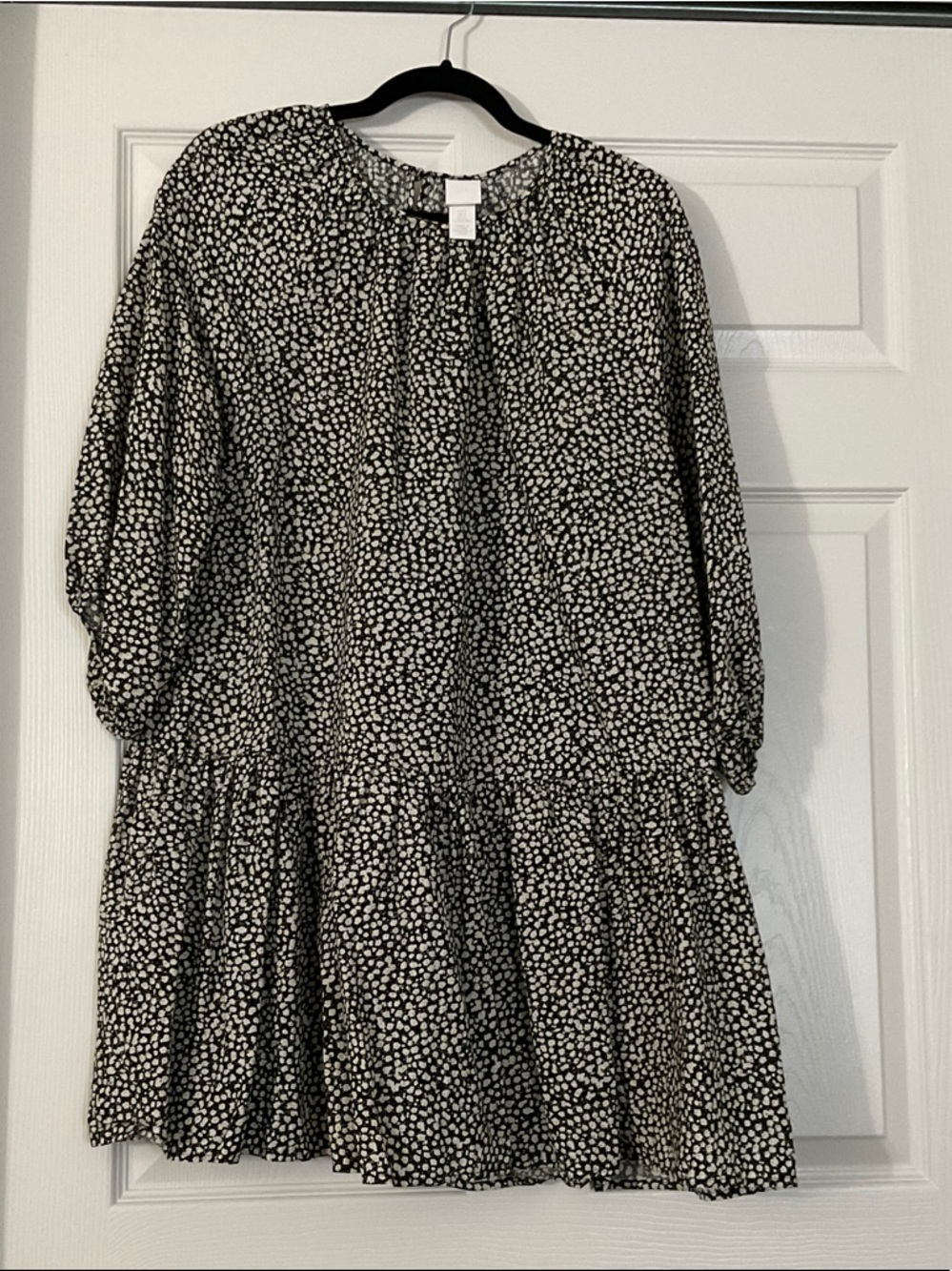 H&M Black Floral Mini Dress with White and Green Print